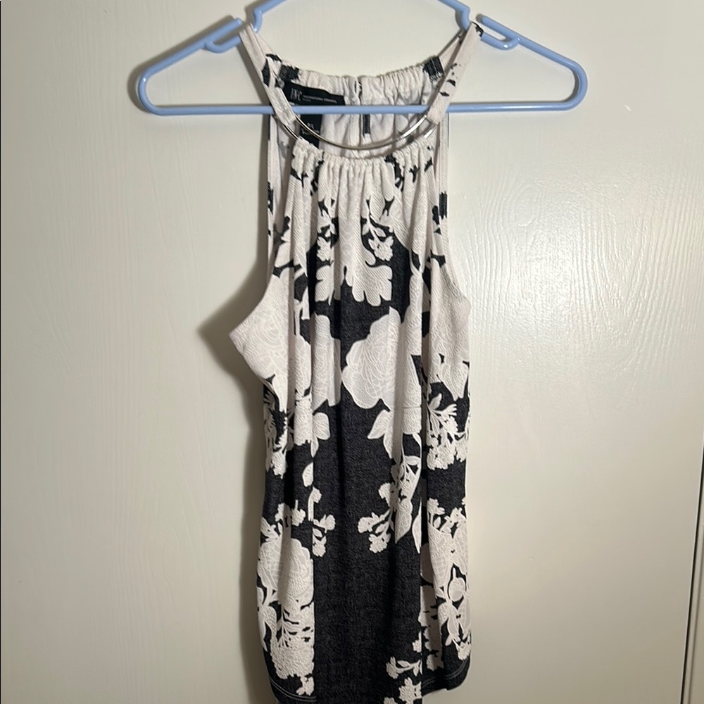 INC Black and White Floral Top with Chic Metal Detailing at Neckline